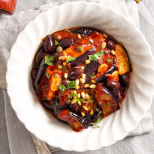 Caponata van aubergine met olijven, kappertjes & citroen