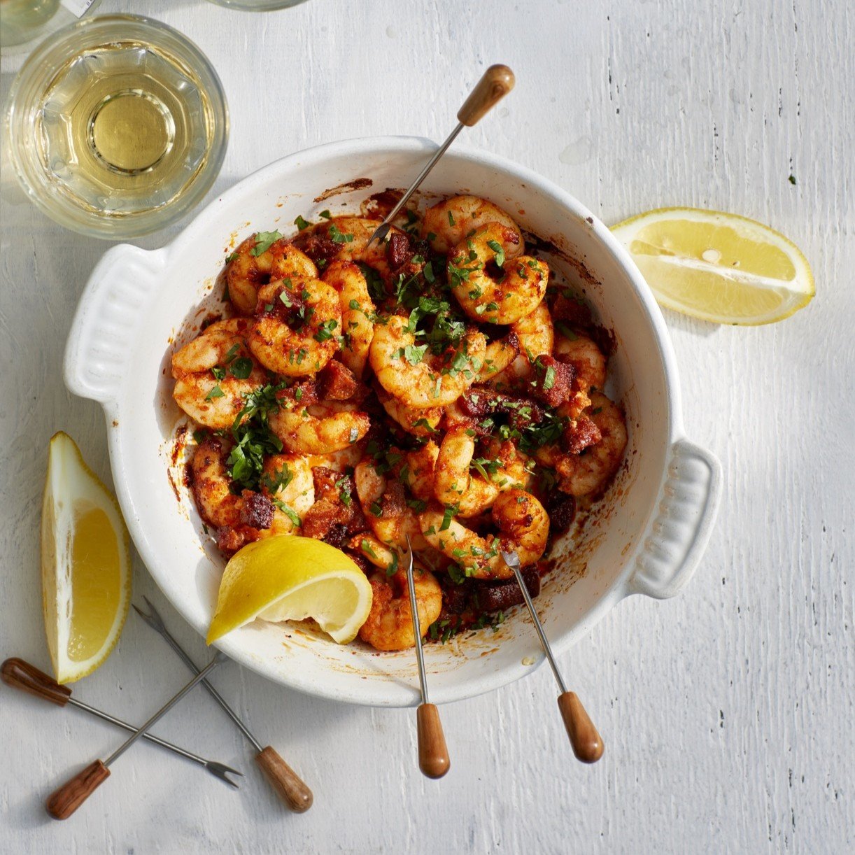 Pittige garnalen met chorizo