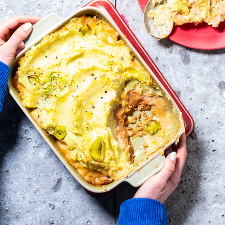 Prei-aardappel pureeschotel met gehakt