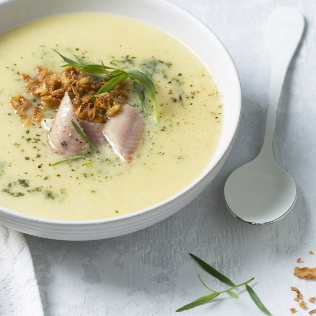 Knolselderijsoep met coquilles of paling