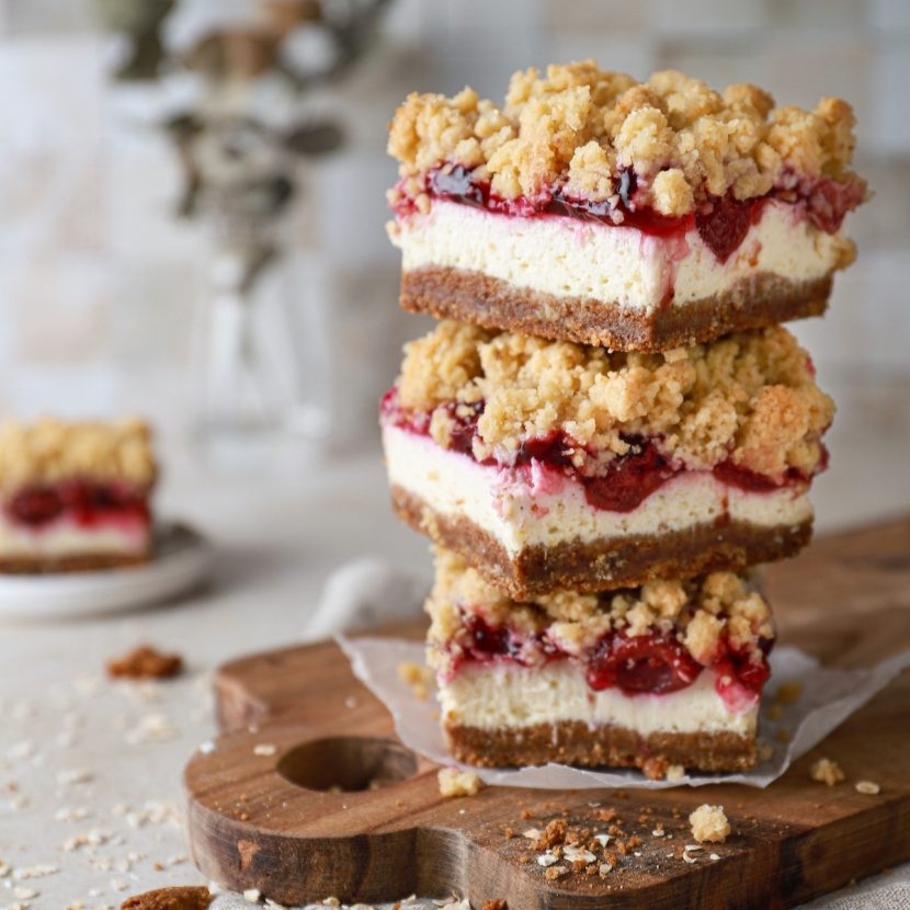 Kruimelcheesecake met kwetsencompote