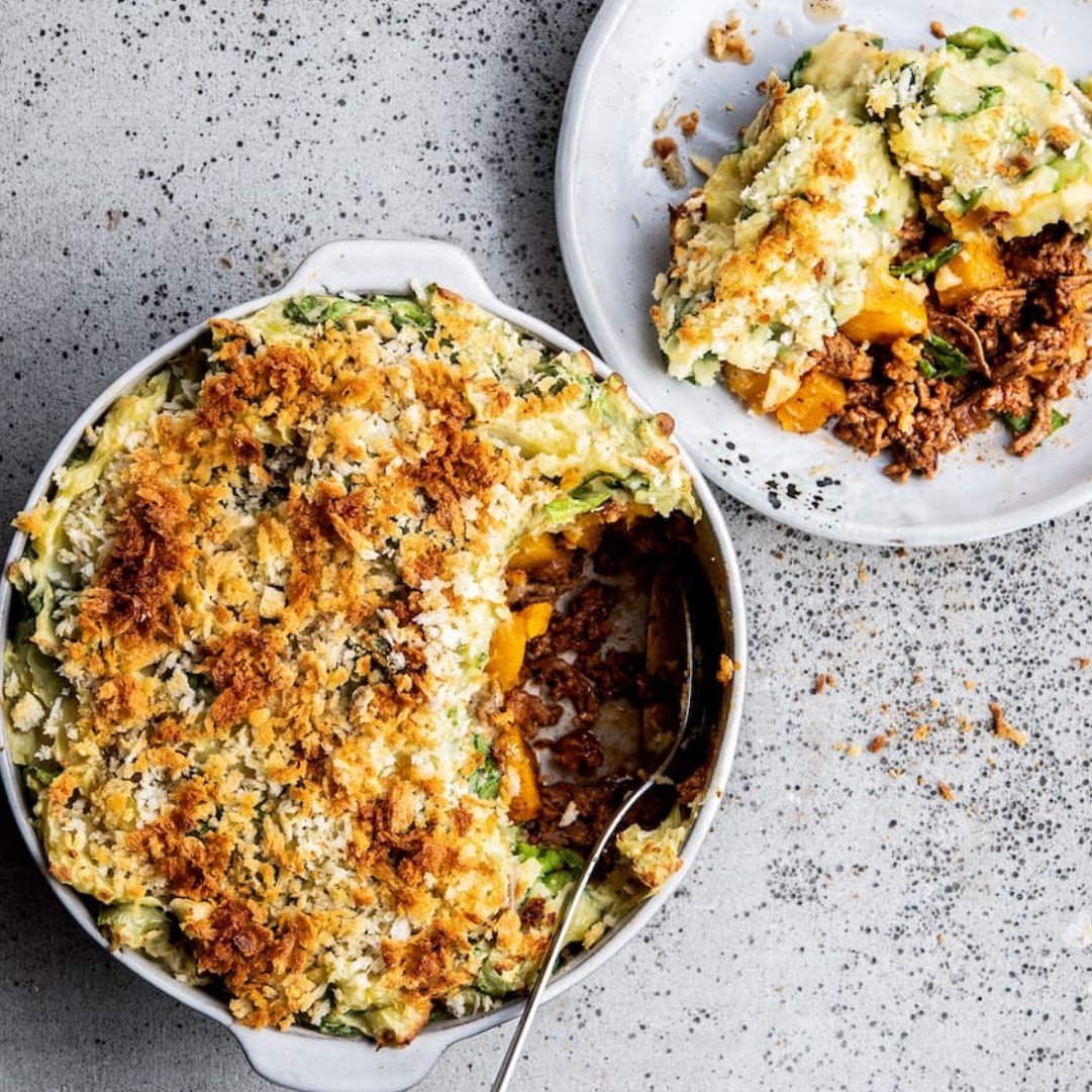 Puree parmentier met gehakt, pompoen & krokant pankokorstje
