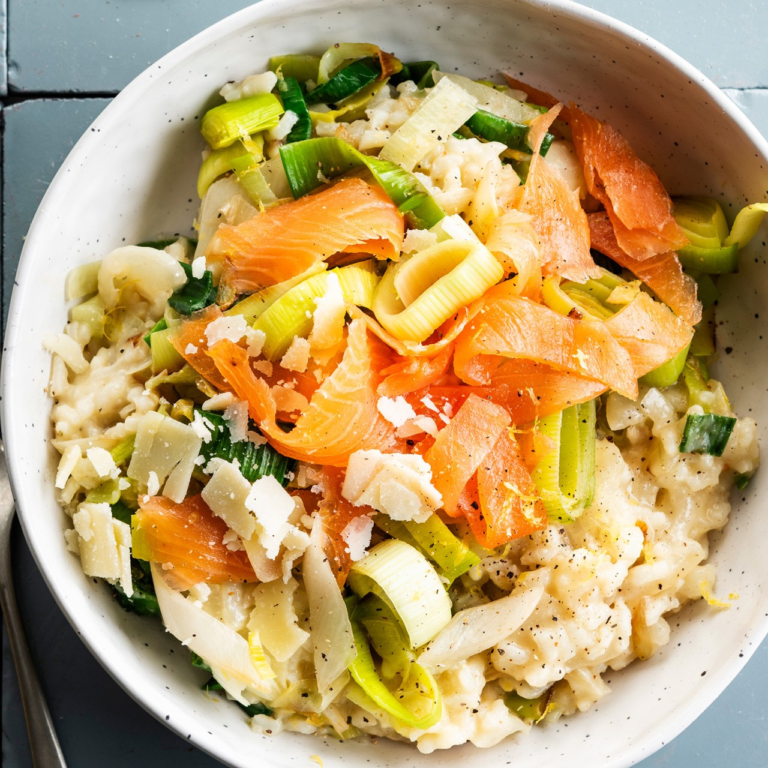 Citroenrisotto met gerookte zalm, prei & bleekselderij