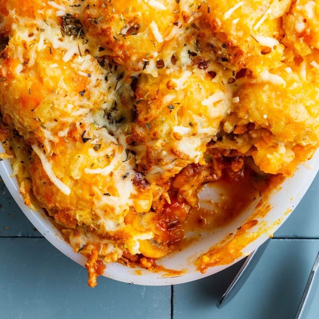 Parmentier met gehakt, wortelpuree, champignons en tomatensaus