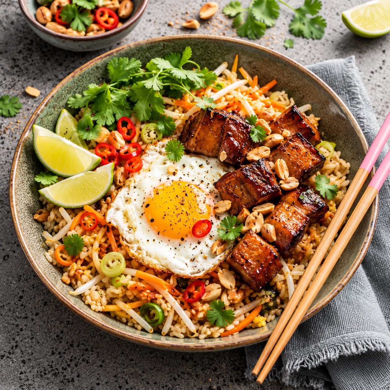 Gebakken rijst met teriyaki-buikspek