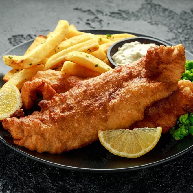 Fish & chips met erwtenpuree en tartaarsaus