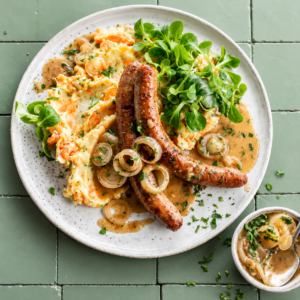 Chipolata met wortelstoemp & Madeira-uienjus
